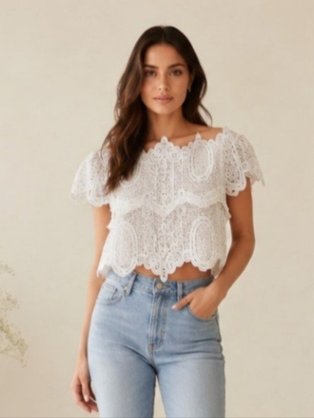 NWOT Crochet Lace Off Shoulder Crop Top Womens S White Scalloped Short Sleeve